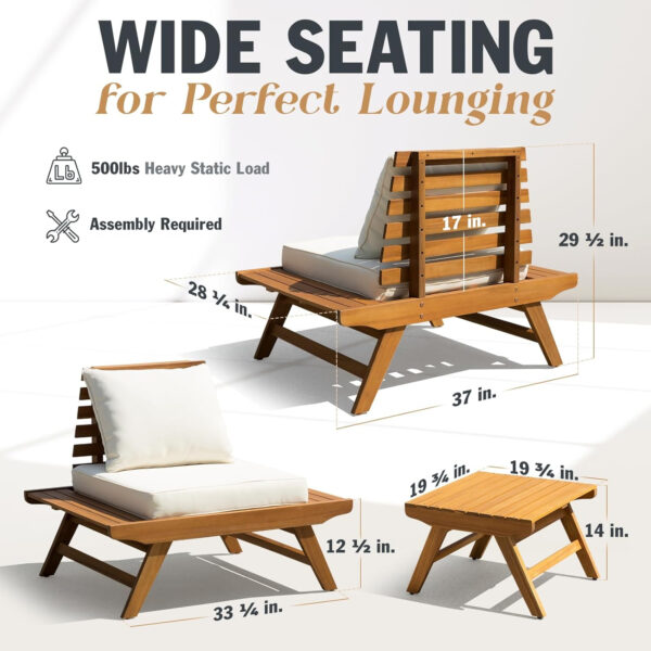 IDZO Heavy Duty 400lbs Capacity Patio Bistro Sets, 3 Piece Outdoor Folding Chairs with Cushions and Square Table, FSC-Certified Acacia Wood, Space-Saving Design for Balcony, Garden and Porch