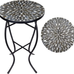 Vipush Outdoor Side Table Mosaic Accent Table End Table Plant Stand for Patio Garden Backyard Balcony Porch,14'' Round Mosaic Table Top with Black Iron,Grey