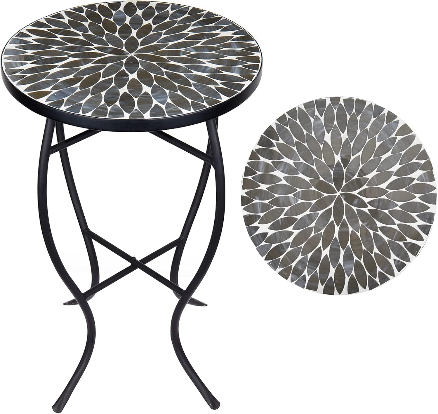 Vipush Outdoor Side Table Mosaic Accent Table End Table Plant Stand for Patio Garden Backyard Balcony Porch,14'' Round Mosaic Table Top with Black Iron,Grey
