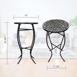 Vipush Outdoor Side Table Mosaic Accent Table End Table Plant Stand for Patio Garden Backyard Balcony Porch,14'' Round Mosaic Table Top with Black Iron,Grey