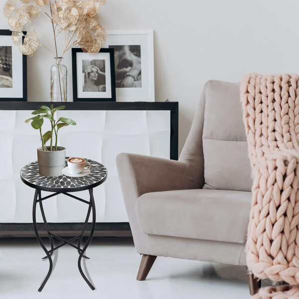 Vipush Outdoor Side Table Mosaic Accent Table End Table Plant Stand for Patio Garden Backyard Balcony Porch,14'' Round Mosaic Table Top with Black Iron,Grey