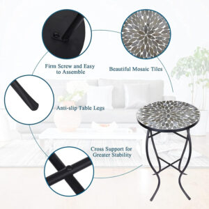 Vipush Outdoor Side Table Mosaic Accent Table End Table Plant Stand for Patio Garden Backyard Balcony Porch,14'' Round Mosaic Table Top with Black Iron,Grey