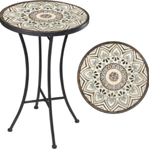 Vipush Outdoor Side Table Mosaic Accent Table End Table Plant Stand for Patio Garden Backyard Balcony Porch,14'' Round Mosaic Table Top with Black Iron,Grey