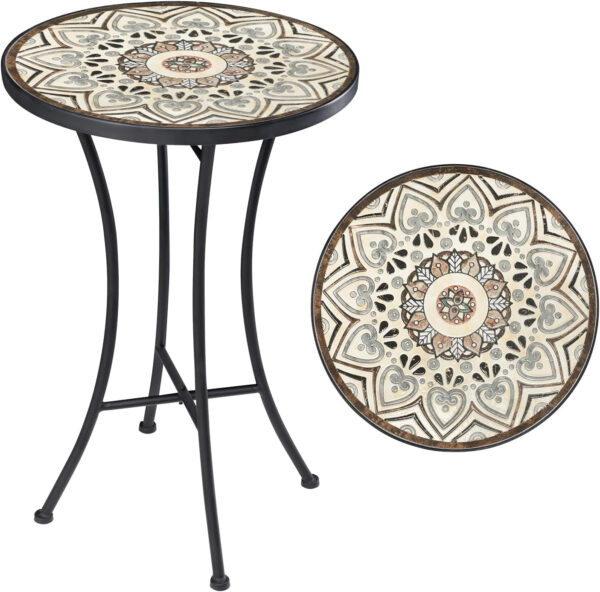 Vipush Outdoor Side Table Mosaic Accent Table End Table Plant Stand for Patio Garden Backyard Balcony Porch,14'' Round Mosaic Table Top with Black Iron,Grey