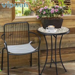 Vipush Outdoor Side Table Mosaic Accent Table End Table Plant Stand for Patio Garden Backyard Balcony Porch,14'' Round Mosaic Table Top with Black Iron,Grey