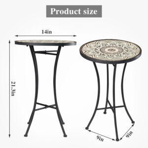 Vipush Outdoor Side Table Mosaic Accent Table End Table Plant Stand for Patio Garden Backyard Balcony Porch,14'' Round Mosaic Table Top with Black Iron,Grey