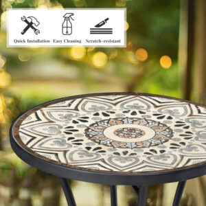 Vipush Outdoor Side Table Mosaic Accent Table End Table Plant Stand for Patio Garden Backyard Balcony Porch,14'' Round Mosaic Table Top with Black Iron,Grey