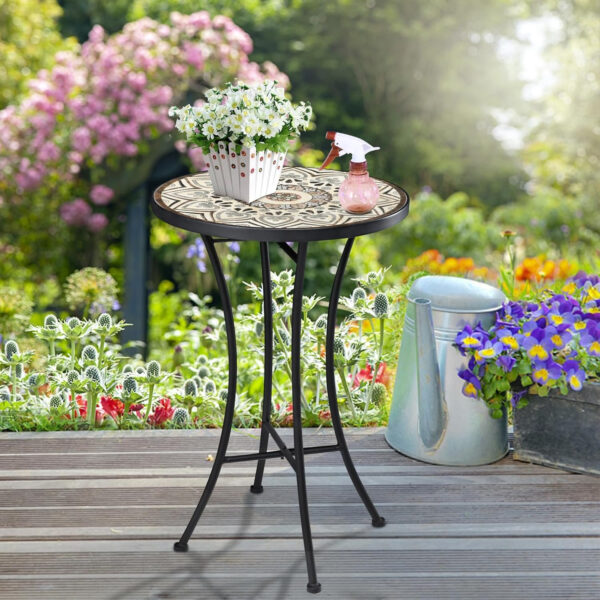 Vipush Outdoor Side Table Mosaic Accent Table End Table Plant Stand for Patio Garden Backyard Balcony Porch,14'' Round Mosaic Table Top with Black Iron,Grey