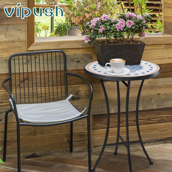 Vipush Outdoor Side Table Mosaic Accent Table End Table Plant Stand for Patio Garden Backyard Balcony Porch,14'' Round Mosaic Table Top with Black Iron,Grey