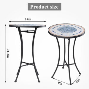 Vipush Outdoor Side Table Mosaic Accent Table End Table Plant Stand for Patio Garden Backyard Balcony Porch,14'' Round Mosaic Table Top with Black Iron,Grey