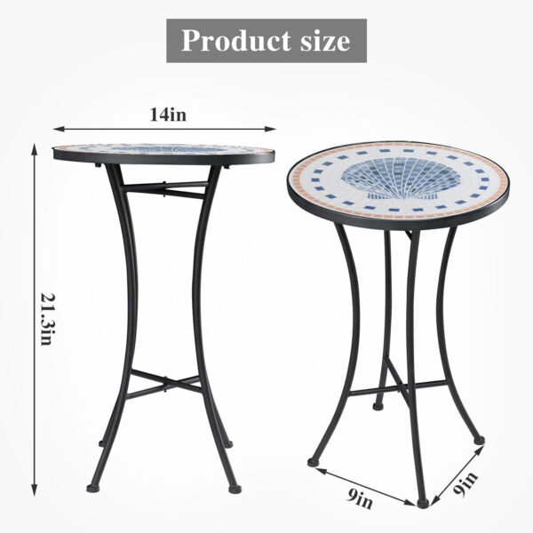 Vipush Outdoor Side Table Mosaic Accent Table End Table Plant Stand for Patio Garden Backyard Balcony Porch,14'' Round Mosaic Table Top with Black Iron,Grey
