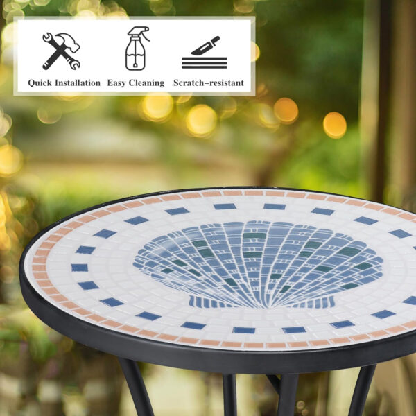 Vipush Outdoor Side Table Mosaic Accent Table End Table Plant Stand for Patio Garden Backyard Balcony Porch,14'' Round Mosaic Table Top with Black Iron,Grey