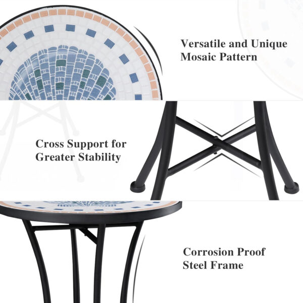 Vipush Outdoor Side Table Mosaic Accent Table End Table Plant Stand for Patio Garden Backyard Balcony Porch,14'' Round Mosaic Table Top with Black Iron,Grey