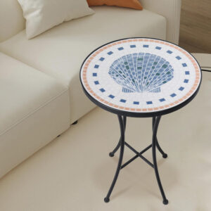 Vipush Outdoor Side Table Mosaic Accent Table End Table Plant Stand for Patio Garden Backyard Balcony Porch,14'' Round Mosaic Table Top with Black Iron,Grey