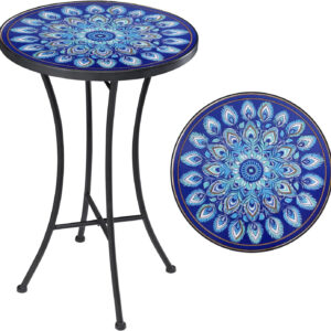 Vipush Outdoor Side Table Mosaic Accent Table End Table Plant Stand for Patio Garden Backyard Balcony Porch,14'' Round Mosaic Table Top with Black Iron,Grey