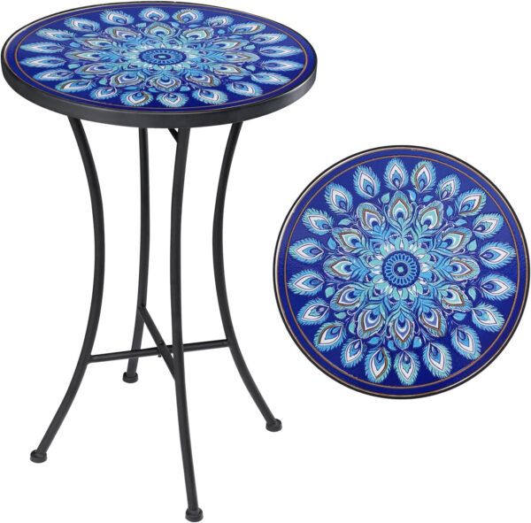 Vipush Outdoor Side Table Mosaic Accent Table End Table Plant Stand for Patio Garden Backyard Balcony Porch,14'' Round Mosaic Table Top with Black Iron,Grey
