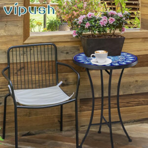 Vipush Outdoor Side Table Mosaic Accent Table End Table Plant Stand for Patio Garden Backyard Balcony Porch,14'' Round Mosaic Table Top with Black Iron,Grey