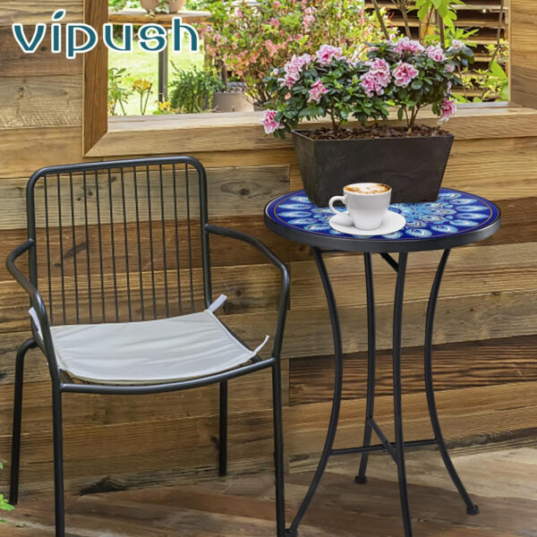 Vipush Outdoor Side Table Mosaic Accent Table End Table Plant Stand for Patio Garden Backyard Balcony Porch,14'' Round Mosaic Table Top with Black Iron,Grey