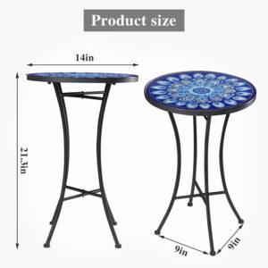Vipush Outdoor Side Table Mosaic Accent Table End Table Plant Stand for Patio Garden Backyard Balcony Porch,14'' Round Mosaic Table Top with Black Iron,Grey