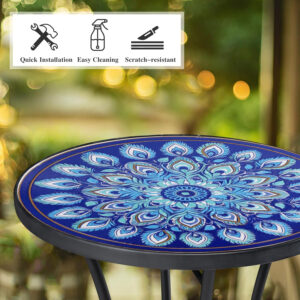 Vipush Outdoor Side Table Mosaic Accent Table End Table Plant Stand for Patio Garden Backyard Balcony Porch,14'' Round Mosaic Table Top with Black Iron,Grey