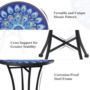 Vipush Outdoor Side Table Mosaic Accent Table End Table Plant Stand for Patio Garden Backyard Balcony Porch,14'' Round Mosaic Table Top with Black Iron,Grey