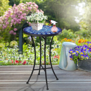 Vipush Outdoor Side Table Mosaic Accent Table End Table Plant Stand for Patio Garden Backyard Balcony Porch,14'' Round Mosaic Table Top with Black Iron,Grey