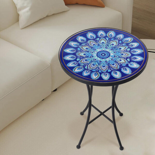 Vipush Outdoor Side Table Mosaic Accent Table End Table Plant Stand for Patio Garden Backyard Balcony Porch,14'' Round Mosaic Table Top with Black Iron,Grey