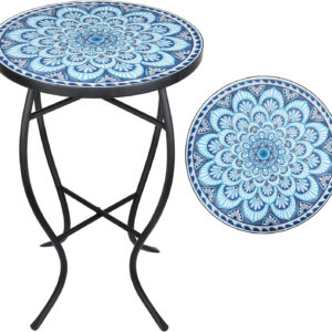Vipush Outdoor Side Table Mosaic Accent Table End Table Plant Stand for Patio Garden Backyard Balcony Porch,14'' Round Mosaic Table Top with Black Iron,Grey