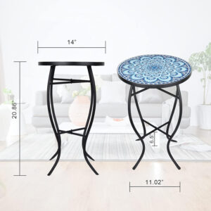 Vipush Outdoor Side Table Mosaic Accent Table End Table Plant Stand for Patio Garden Backyard Balcony Porch,14'' Round Mosaic Table Top with Black Iron,Grey