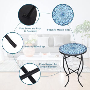 Vipush Outdoor Side Table Mosaic Accent Table End Table Plant Stand for Patio Garden Backyard Balcony Porch,14'' Round Mosaic Table Top with Black Iron,Grey