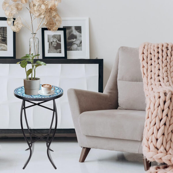 Vipush Outdoor Side Table Mosaic Accent Table End Table Plant Stand for Patio Garden Backyard Balcony Porch,14'' Round Mosaic Table Top with Black Iron,Grey