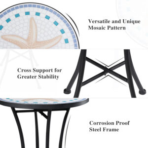 Vipush Outdoor Side Table Mosaic Accent Table End Table Plant Stand for Patio Garden Backyard Balcony Porch,14'' Round Mosaic Table Top with Black Iron,Grey