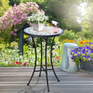 Vipush Outdoor Side Table Mosaic Accent Table End Table Plant Stand for Patio Garden Backyard Balcony Porch,14'' Round Mosaic Table Top with Black Iron,Grey