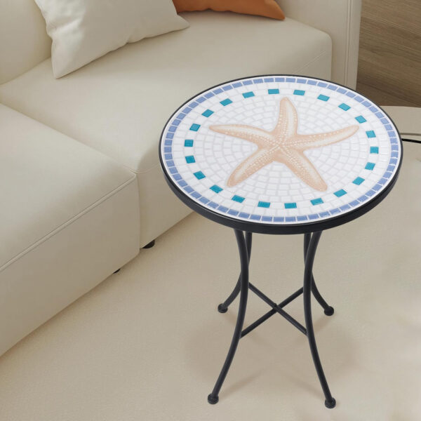 Vipush Outdoor Side Table Mosaic Accent Table End Table Plant Stand for Patio Garden Backyard Balcony Porch,14'' Round Mosaic Table Top with Black Iron,Grey