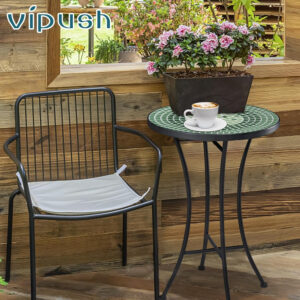 Vipush Outdoor Side Table Mosaic Accent Table End Table Plant Stand for Patio Garden Backyard Balcony Porch,14'' Round Mosaic Table Top with Black Iron,Grey