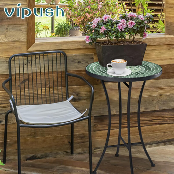 Vipush Outdoor Side Table Mosaic Accent Table End Table Plant Stand for Patio Garden Backyard Balcony Porch,14'' Round Mosaic Table Top with Black Iron,Grey