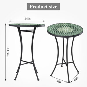 Vipush Outdoor Side Table Mosaic Accent Table End Table Plant Stand for Patio Garden Backyard Balcony Porch,14'' Round Mosaic Table Top with Black Iron,Grey