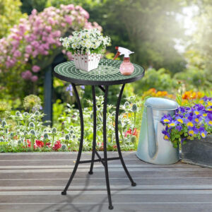Vipush Outdoor Side Table Mosaic Accent Table End Table Plant Stand for Patio Garden Backyard Balcony Porch,14'' Round Mosaic Table Top with Black Iron,Grey