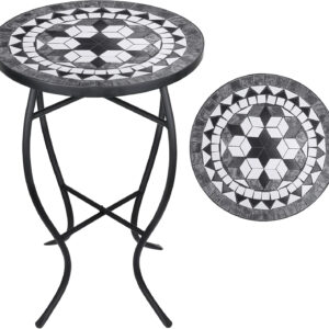 Vipush Outdoor Side Table Mosaic Accent Table End Table Plant Stand for Patio Garden Backyard Balcony Porch,14'' Round Mosaic Table Top with Black Iron,Grey