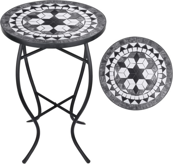 Vipush Outdoor Side Table Mosaic Accent Table End Table Plant Stand for Patio Garden Backyard Balcony Porch,14'' Round Mosaic Table Top with Black Iron,Grey