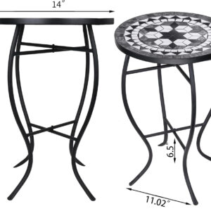 Vipush Outdoor Side Table Mosaic Accent Table End Table Plant Stand for Patio Garden Backyard Balcony Porch,14'' Round Mosaic Table Top with Black Iron,Grey