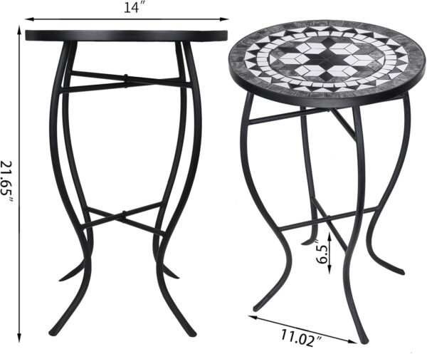 Vipush Outdoor Side Table Mosaic Accent Table End Table Plant Stand for Patio Garden Backyard Balcony Porch,14'' Round Mosaic Table Top with Black Iron,Grey