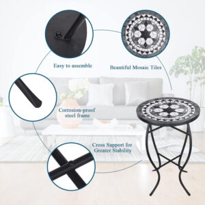 Vipush Outdoor Side Table Mosaic Accent Table End Table Plant Stand for Patio Garden Backyard Balcony Porch,14'' Round Mosaic Table Top with Black Iron,Grey