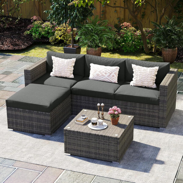 Wisteria Lane 5 Piece Outdoor Patio Furniture Set, All Weather Wicker Rattan Sectional Sofa Conversation Set with Cushions & Large Glass Coffee Table, Ideal for Garden Backyard Porch Balcony, Grey
