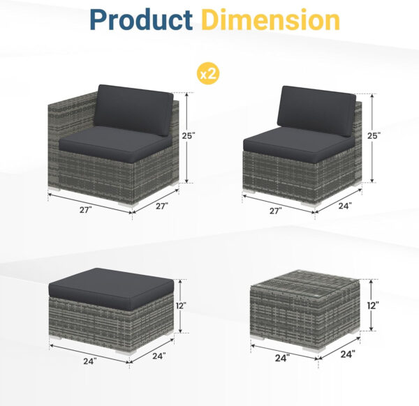 Wisteria Lane 5 Piece Outdoor Patio Furniture Set, All Weather Wicker Rattan Sectional Sofa Conversation Set with Cushions & Large Glass Coffee Table, Ideal for Garden Backyard Porch Balcony, Grey