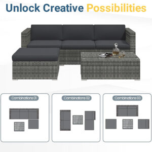 Wisteria Lane 5 Piece Outdoor Patio Furniture Set, All Weather Wicker Rattan Sectional Sofa Conversation Set with Cushions & Large Glass Coffee Table, Ideal for Garden Backyard Porch Balcony, Grey