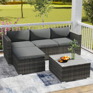 Wisteria Lane 5 Piece Outdoor Patio Furniture Set, All Weather Wicker Rattan Sectional Sofa Conversation Set with Cushions & Large Glass Coffee Table, Ideal for Garden Backyard Porch Balcony, Grey
