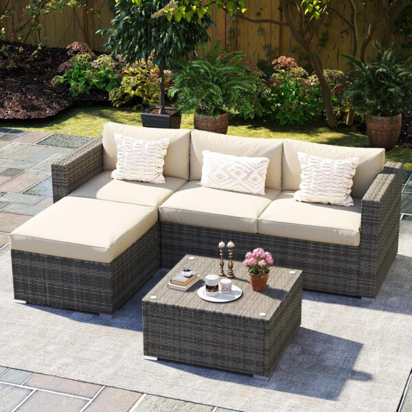 Wisteria Lane 5 Piece Outdoor Patio Furniture Set, All Weather Wicker Rattan Sectional Sofa Conversation Set with Cushions & Large Glass Coffee Table, Ideal for Garden Backyard Porch Balcony, Grey