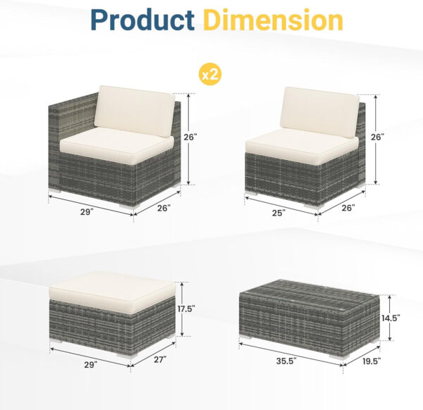 Wisteria Lane 5 Piece Outdoor Patio Furniture Set, All Weather Wicker Rattan Sectional Sofa Conversation Set with Cushions & Large Glass Coffee Table, Ideal for Garden Backyard Porch Balcony, Grey