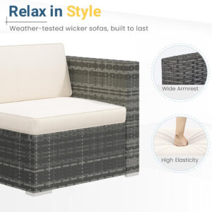 Wisteria Lane 5 Piece Outdoor Patio Furniture Set, All Weather Wicker Rattan Sectional Sofa Conversation Set with Cushions & Large Glass Coffee Table, Ideal for Garden Backyard Porch Balcony, Grey